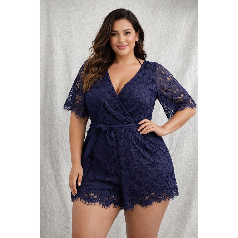 Womens Navy Blue  Lace Wrap Front Romper Short Sleeve V-Neck XL Trixie NWOT